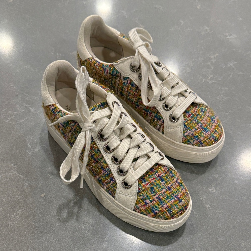 Kurt Geiger Multicolor Tweed Lace-Up Sneakers with Cream Trim